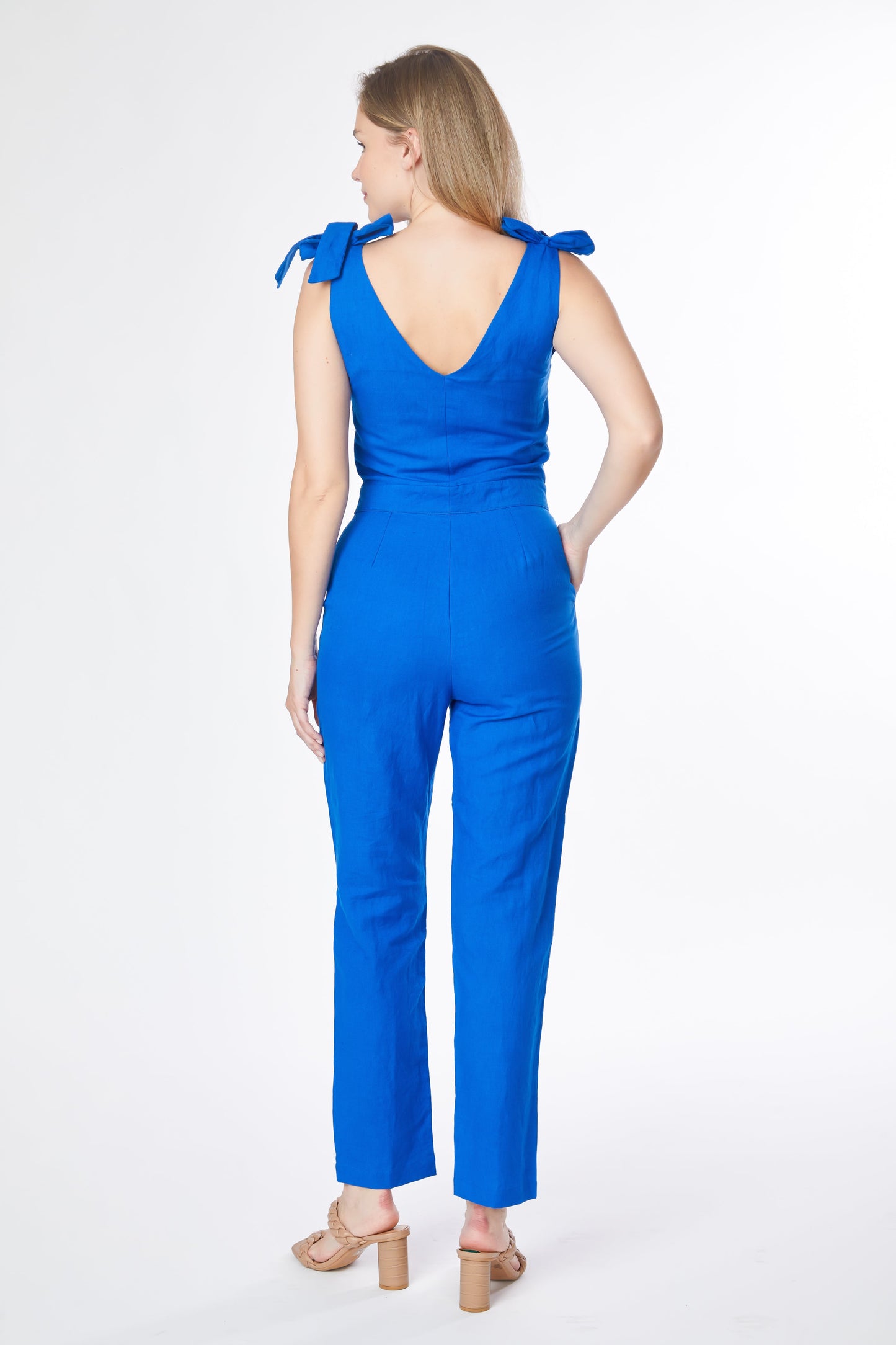 Sleeveless Bow Shoulder V Neck Jumpsuit