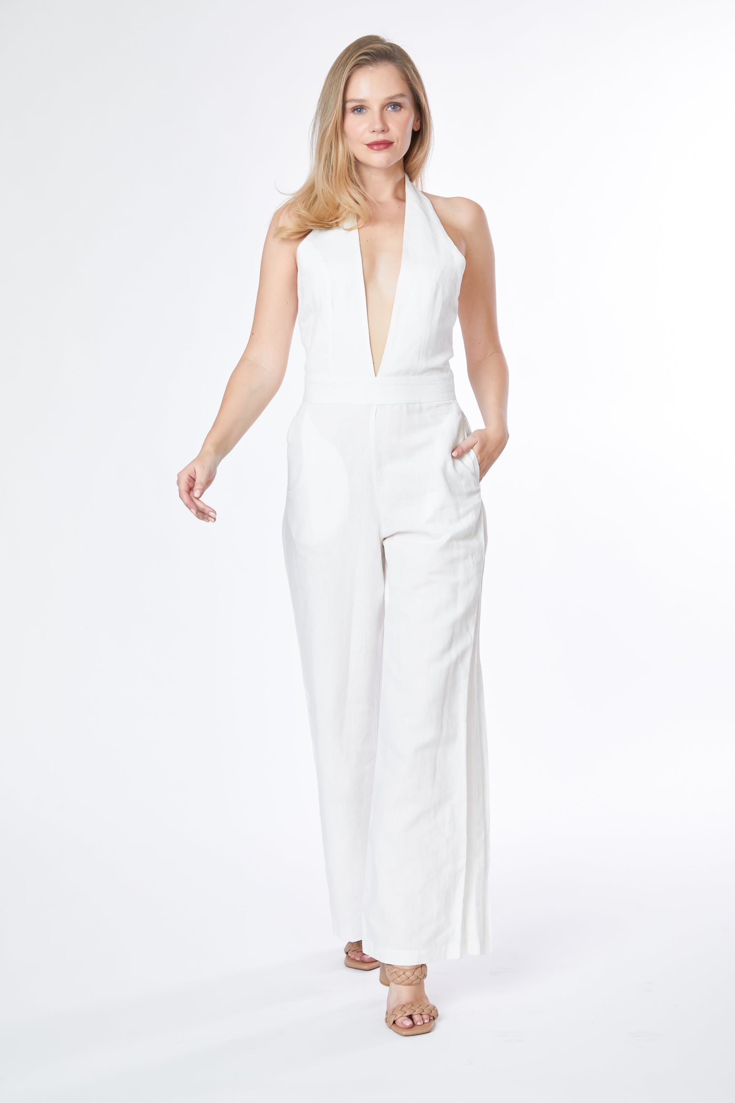 Deep Cut V Neck Flare Leg Jumpsuit